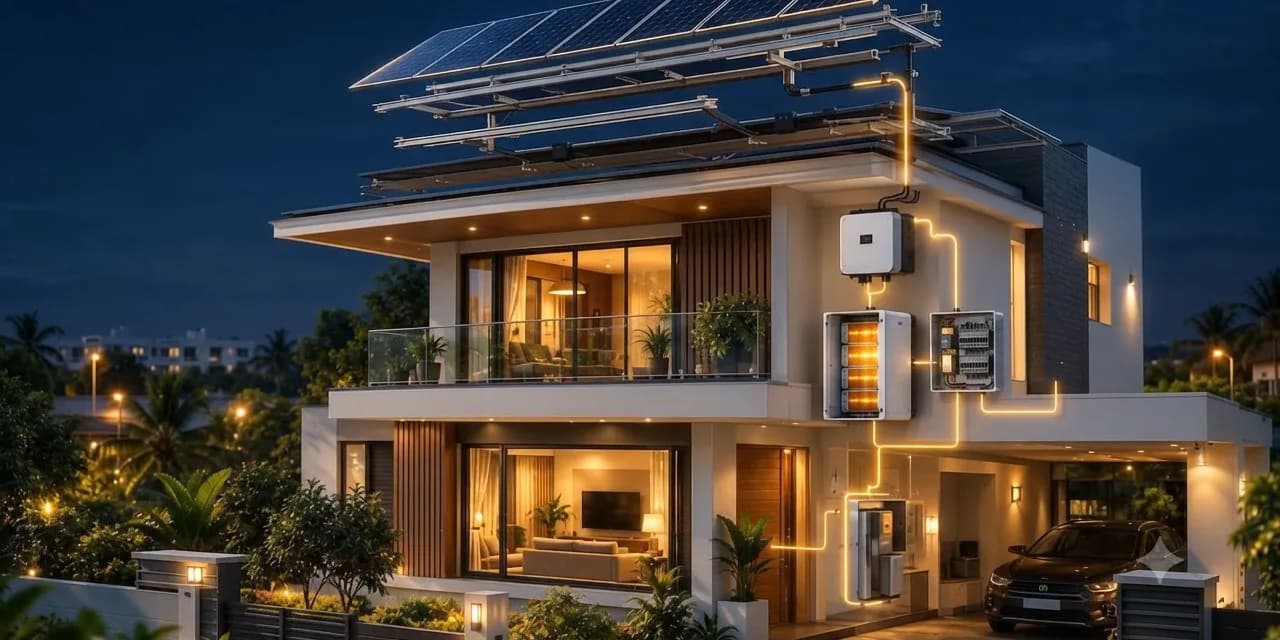The same property after dark, interior and garden lighting powered, solar system visible on the roof.