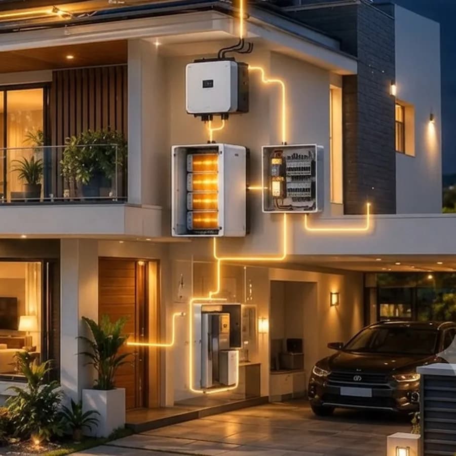 Wall-mounted inverter and conduit run on the exterior wall of an installed system at night.