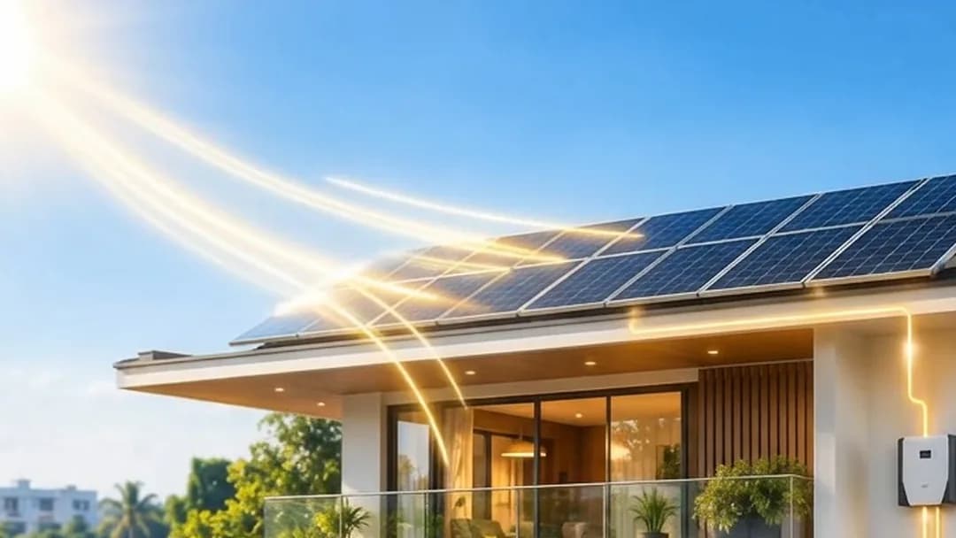Rooftop photovoltaic panels in direct daylight on their mounting structure.